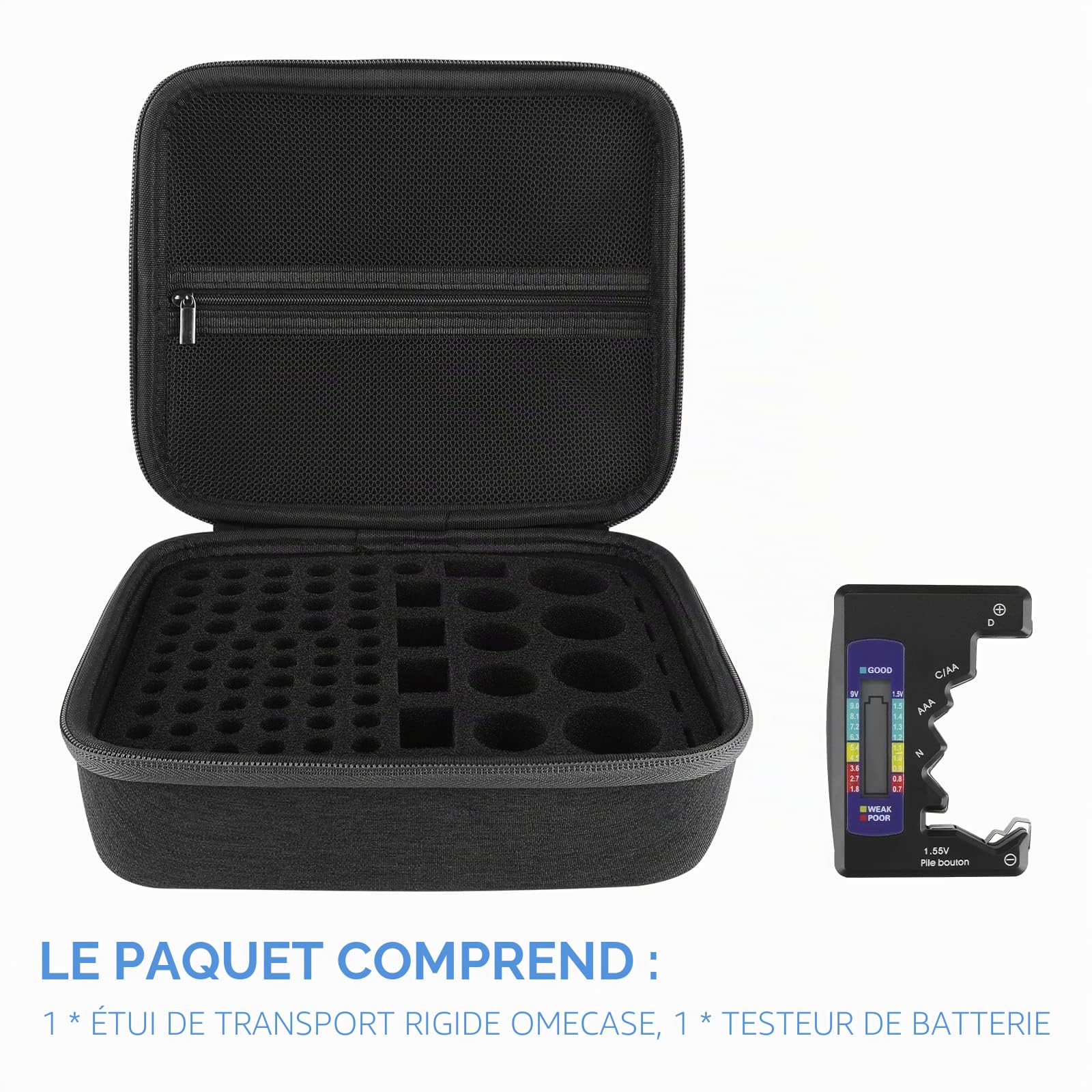 Linkidea BT-168 Boîte de rangement de batterie rigide avec testeur BT-168, support de boîte de batterie pour transport sûr – Capacité de 76 piles AA AAA 9 V C D Plusieurs tailles