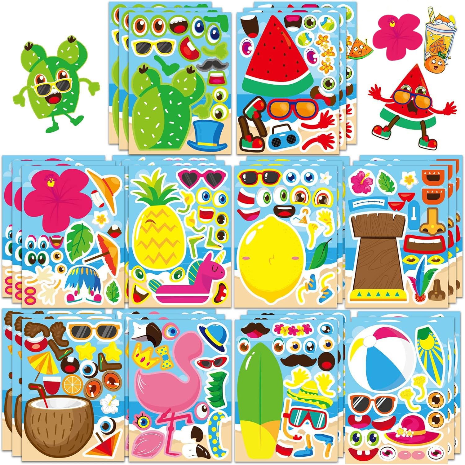 20 Sheets Hawaii Make a Face Sticker Summer Pool Beach Stickers for Kids Make Your Own Watermelon Pineapple Flamingo Stickers for Tropical Luau Craft Party Decor Sticker Summer Holiday Party Favors