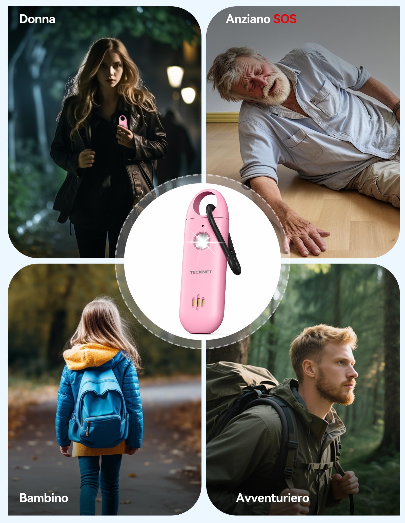 TECKNET Allarme Personale da Donna, Allarme Tascabile con Sirena da 130 dB e Luce di Segnalazione a LED, Autodifesa Ricaricabile USB Type-C, Allarme Personale per Bambini, Anziani