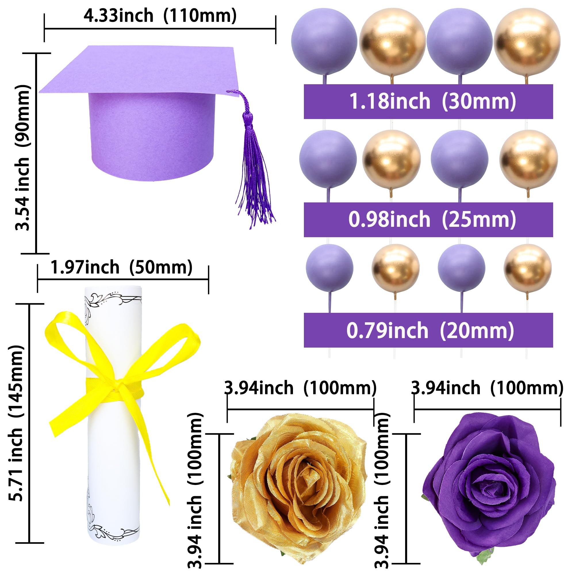 Gyufise 40Pcs 2025 Graduation Cake Topper Decoration Diploma Done Diploma Grad Cap Cake Pick Balloon Flower Prom 2025 Cake Decorations for Class of 2025 Congrats Grad Party Supplies Purple - Image 2