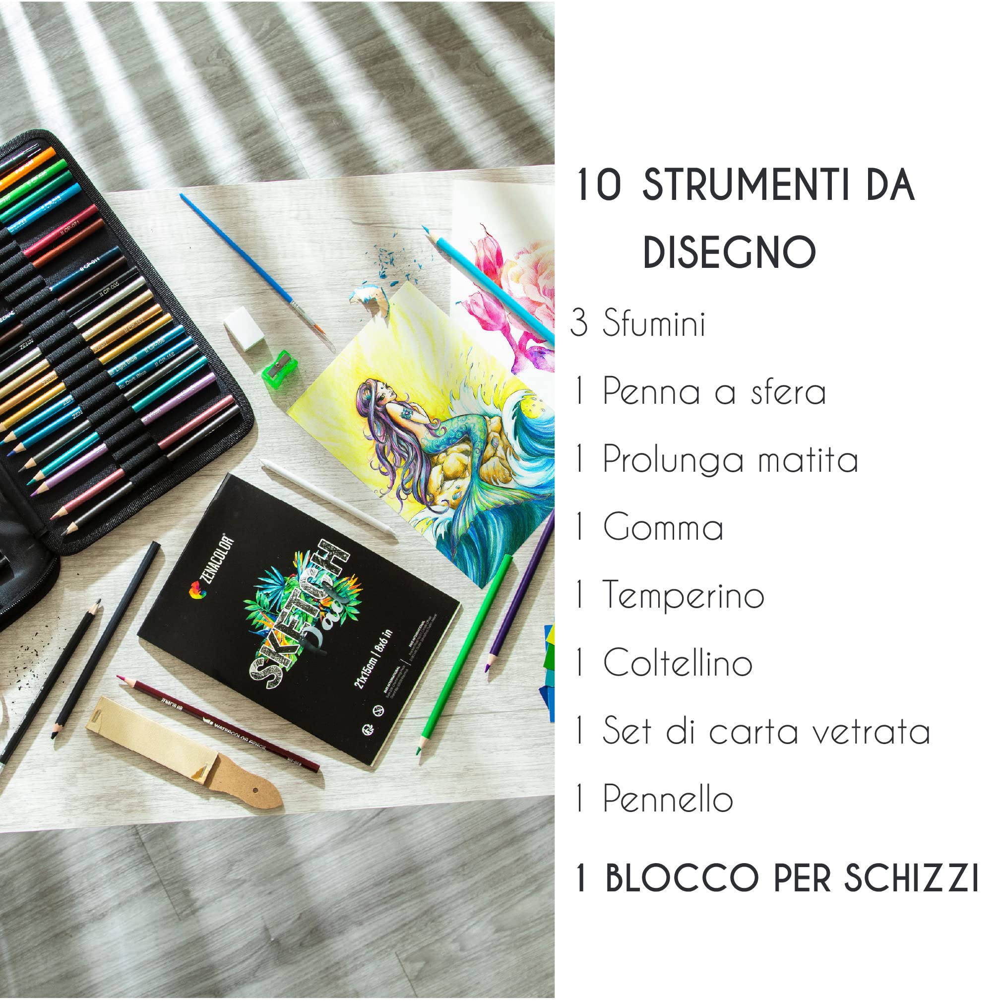 Zenacolor Kit Disegno Professionale, 74 Pezzi Set Disegno, Con Matite Colorate, Da Schizzo Grafite e Accessori in Astuccio Portatile, 1 Album da Disegno