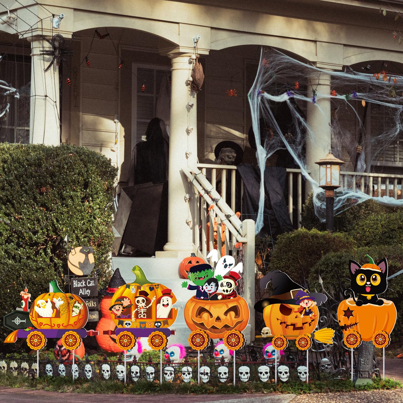Soaoo Halloween-Hofschilder Mit Heringen – 5 Schilder + 10 Pfähle, Kürbis-Skelett-Motive, Für Garten & Terrasse