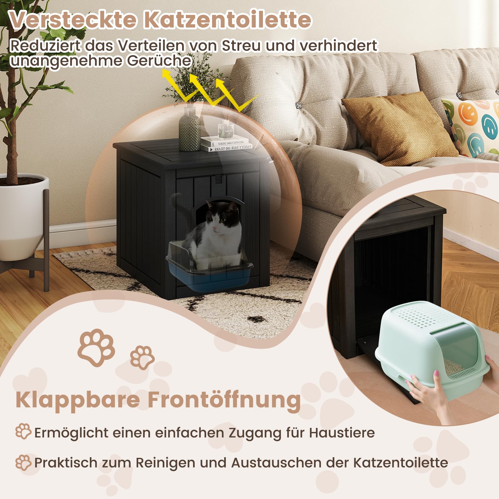 COSTWAY Katzenhaus, Katzenklo Schrank mit Klapptür & erhöhtem Boden, Katzenschrank für Katzentoilette, Tierhaus aus PP für Indoor Outdoor, Beistelltisch für kleine Katzen Hunde Haustier (Schwarz)