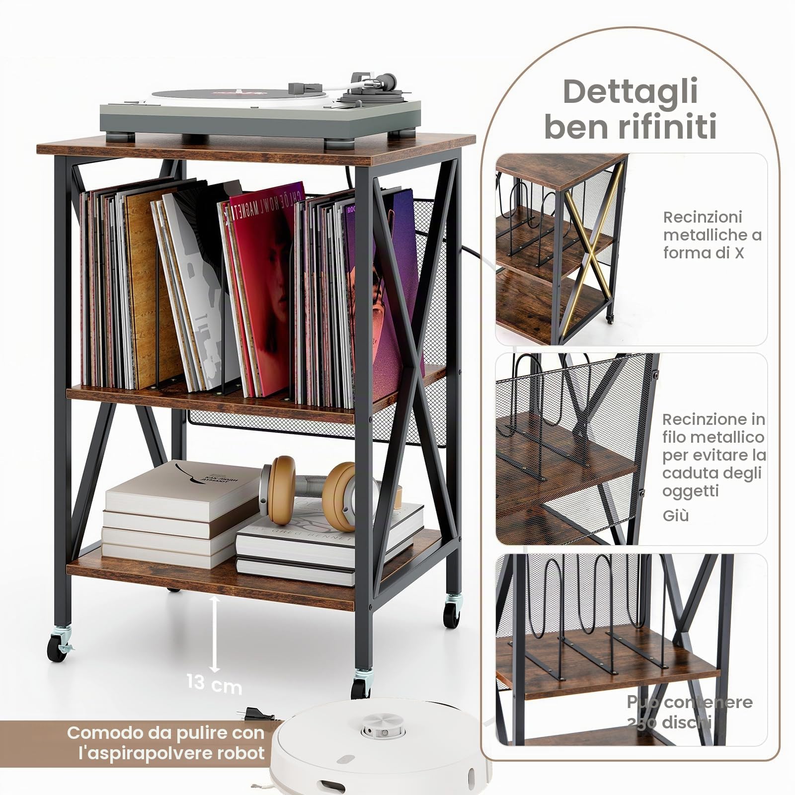 KOMFOTTEU Supporto per Giradischi in Vinile Fino a 250 Album, Mobile Porta Vinili con Ruote, Espositore per Dischi, Divisori Rimovibili e Scomparti Aperti (Marrone)