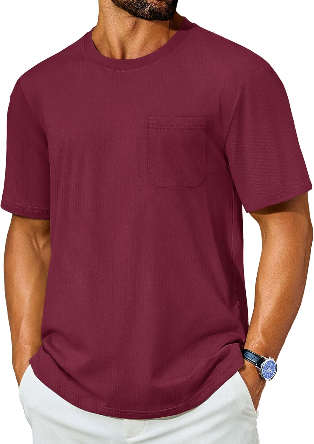 Cotrasen Mens T-Shirts Cotton Short Sleeve Tee Shirt Casual Crew Neck Moisture Wicking Soft Basic Pocket Tshirt Wine Red L