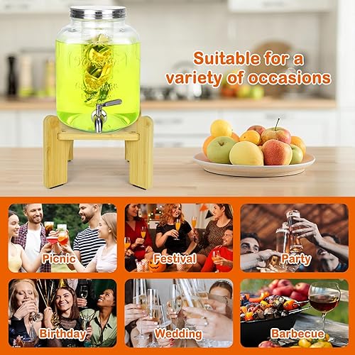 Miniatura 6 de Dispensador de bebidas, dispensador de agua y soporte dispensador de bebidas (bambú natural). Se adapta al dispensador de bebidas de vidrio de