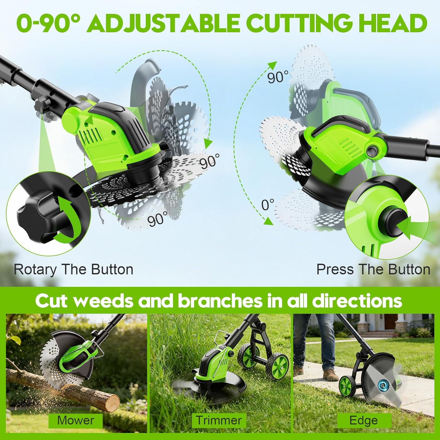 20000 RPM Electric Weed Eater Battery Powered 6000mAh, 12″ Brushless Electric Weed Wacker Cordless Wheeled Edger Trimmer, 4-in-1 Brush Cutter Heavy Duty/String Trimmer/Lawn Mower Edger, 2 Battery Tool