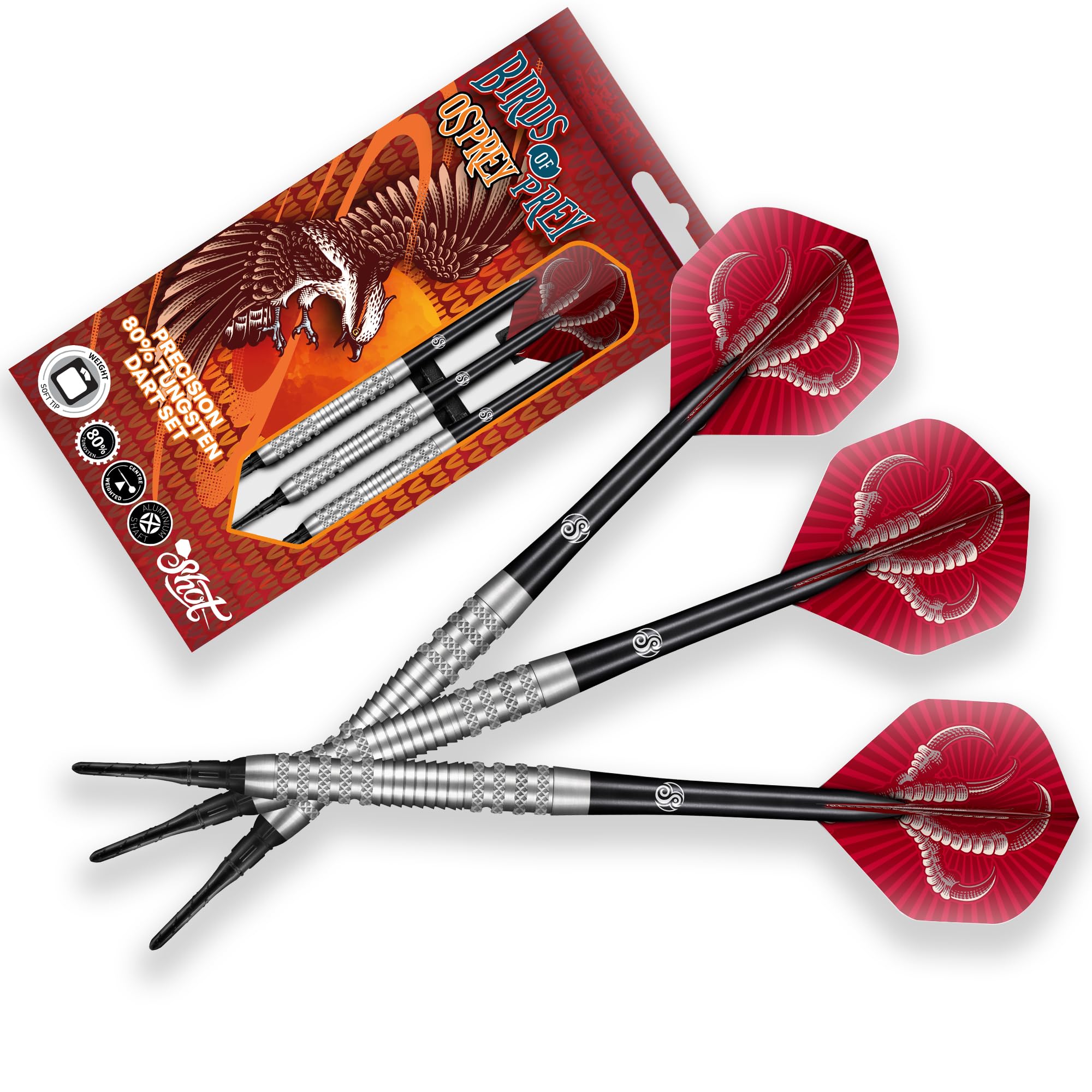 Shot! Darts Soft Tip, Birds of Prey Osprey (18g), 90% Tungsten Barrel, Center Weighted, Handcrafted Darts | Professional Soft Tip Darts Set for Electronic Dartboard | Made in New Zealand