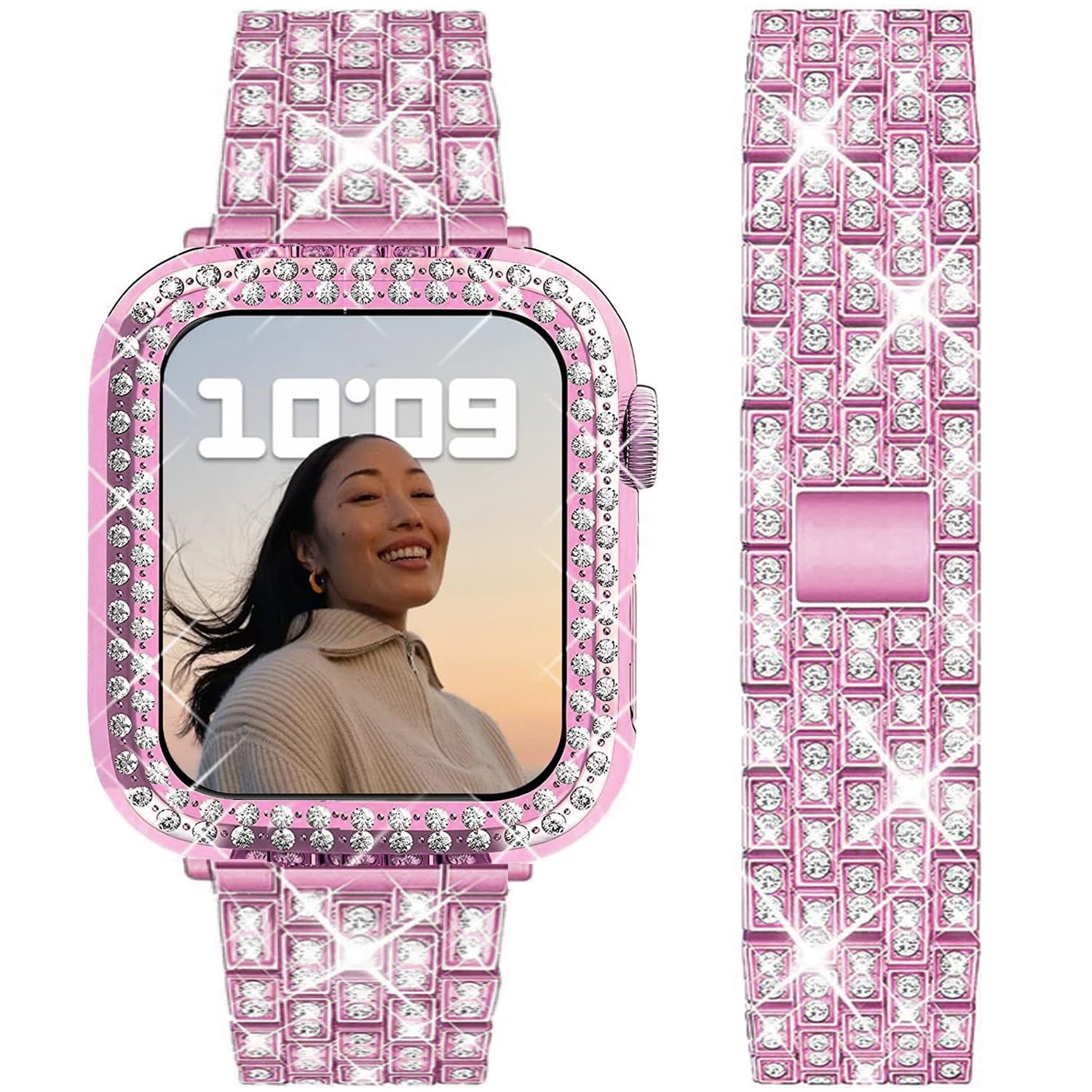 DEALELE Bands Compatible with Apple Watch Series 9/8 / 7 (45mm), Bling Rhinestone Diamond Metal Strap with Protective Case Cover Replacement for