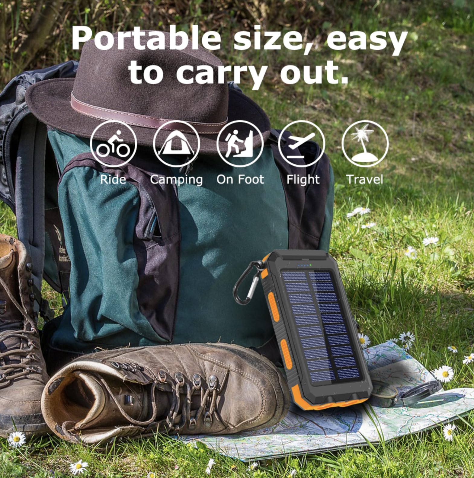 Power Bank Solar 20 000 mAh Chargeur portable 3 en 1 étanche et résistant – Charge rapide USB et USB-C avec lampe torche – Batterie externe pour iPhone, Samsung – Camping, Outdoor et urgences