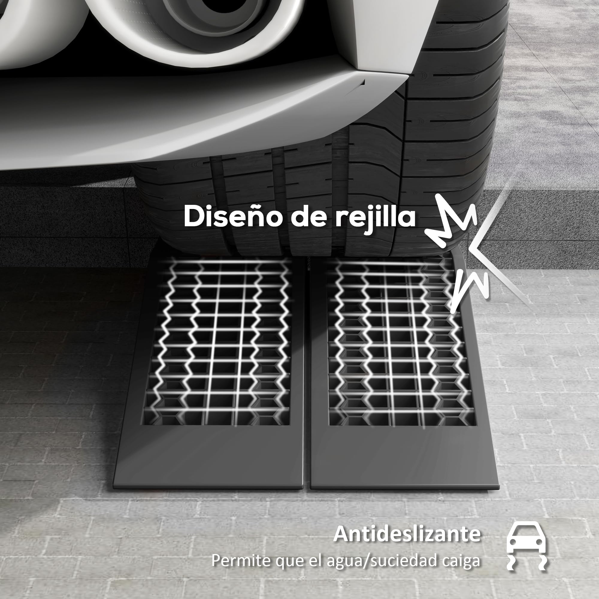 HOMCOM Juego de 2 Rampas para Coche de Plástico, Rampas Portátiles Carga hasta 3 Toneladas para Coches SUV Furgonetas Pequeñas, Antideslizante, Estable, 70x19,5 cm, Negro