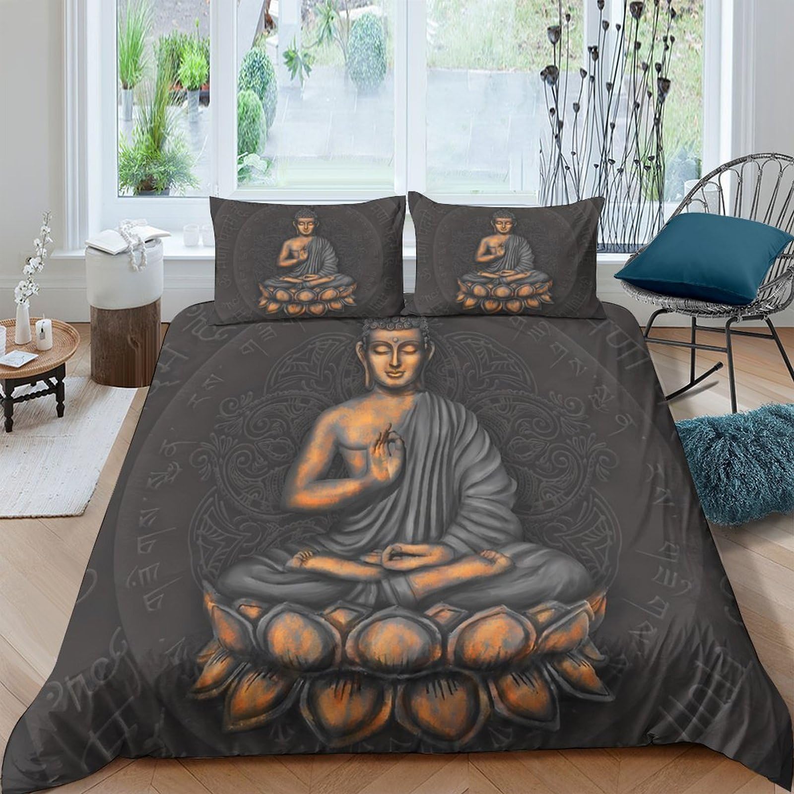 GPLZQXKJNH 3D Printed Buddha Meditation Duvet Cover Microfiber Soft Breathable Lotus Pattern Bedding Set with 2 Pillowcases for Bedroom Decor Single（135x200cm）