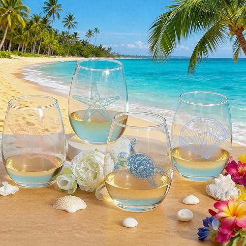 Miniatura 6 de Copas de vino sin tallo con temática oceánica, juego de 4 cristalería de orilla del mar, tortuga marina, estrella de mar, conchas marinas, surtido