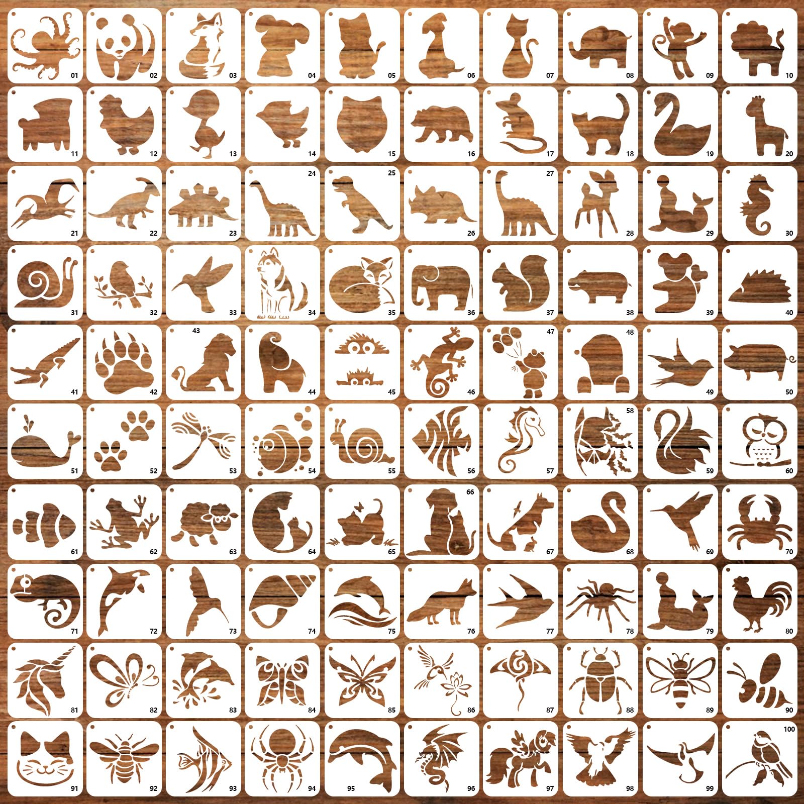 SRIZIAN 100Pcs Small Stencil Template for Craft Reusable, 3x3inch Animal Stencils Plastic Painting Stencil Template Painting Drawing Stencils for Kids Painting on Wood DIY Craft