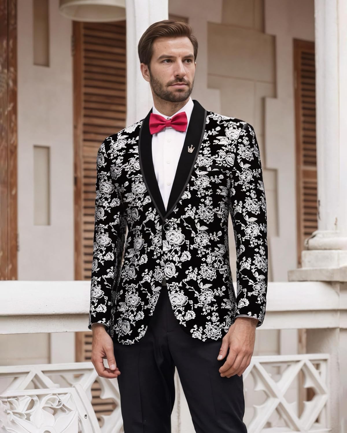 YND Men's Velvet Floral Blazer, One Button Tuxedo Jacket, Shawl Lapel Suit Coat for Dinner Prom Party Wedding - Image 3