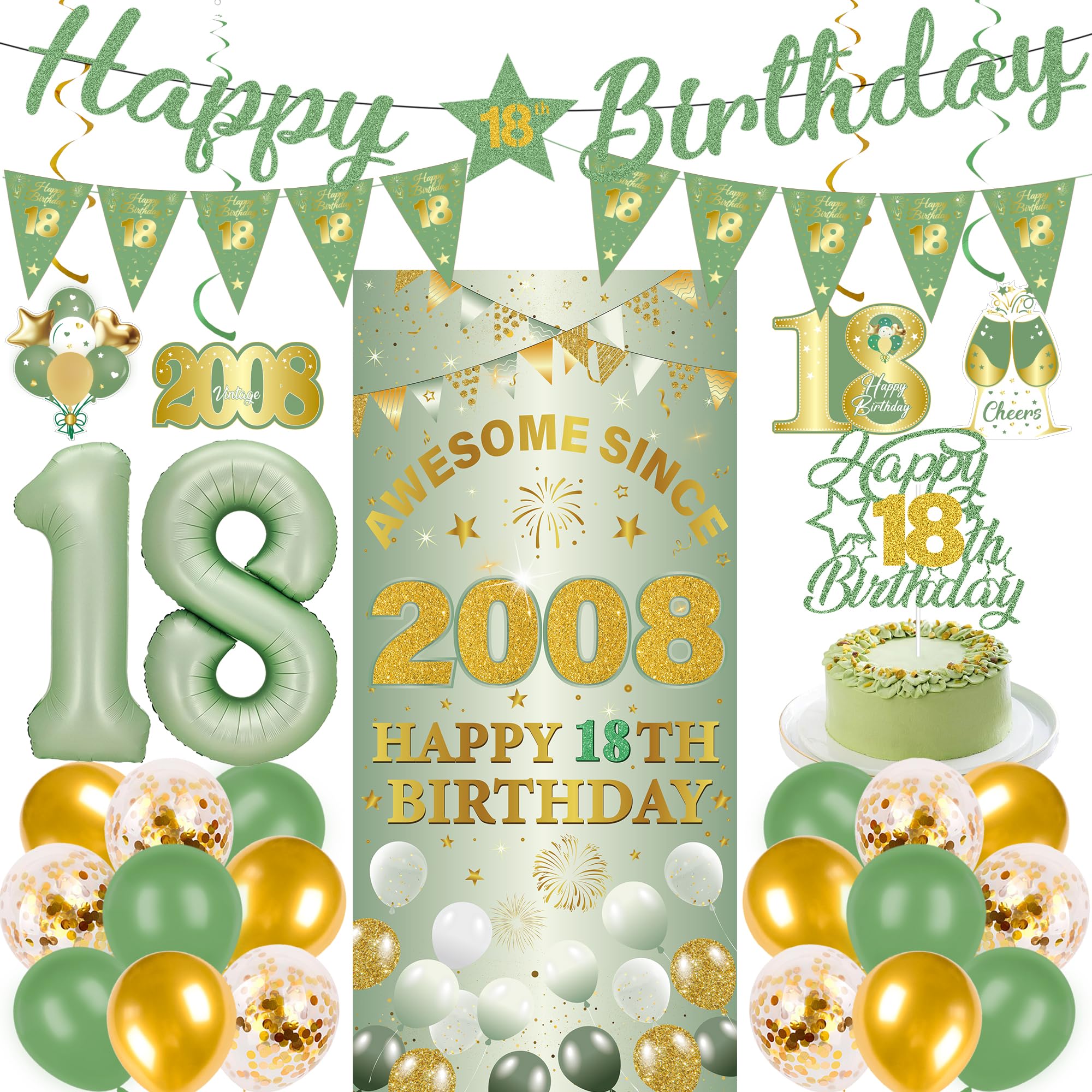 18th Birthday Decorations Boys Girls - 27 Pcs Green Gold Happy 18th Birthday Banner Triangular Flag Hanging Swirls Backdrop Cake Topper 18 Balloon Set for 18 Years Old Party Decoration Supplies