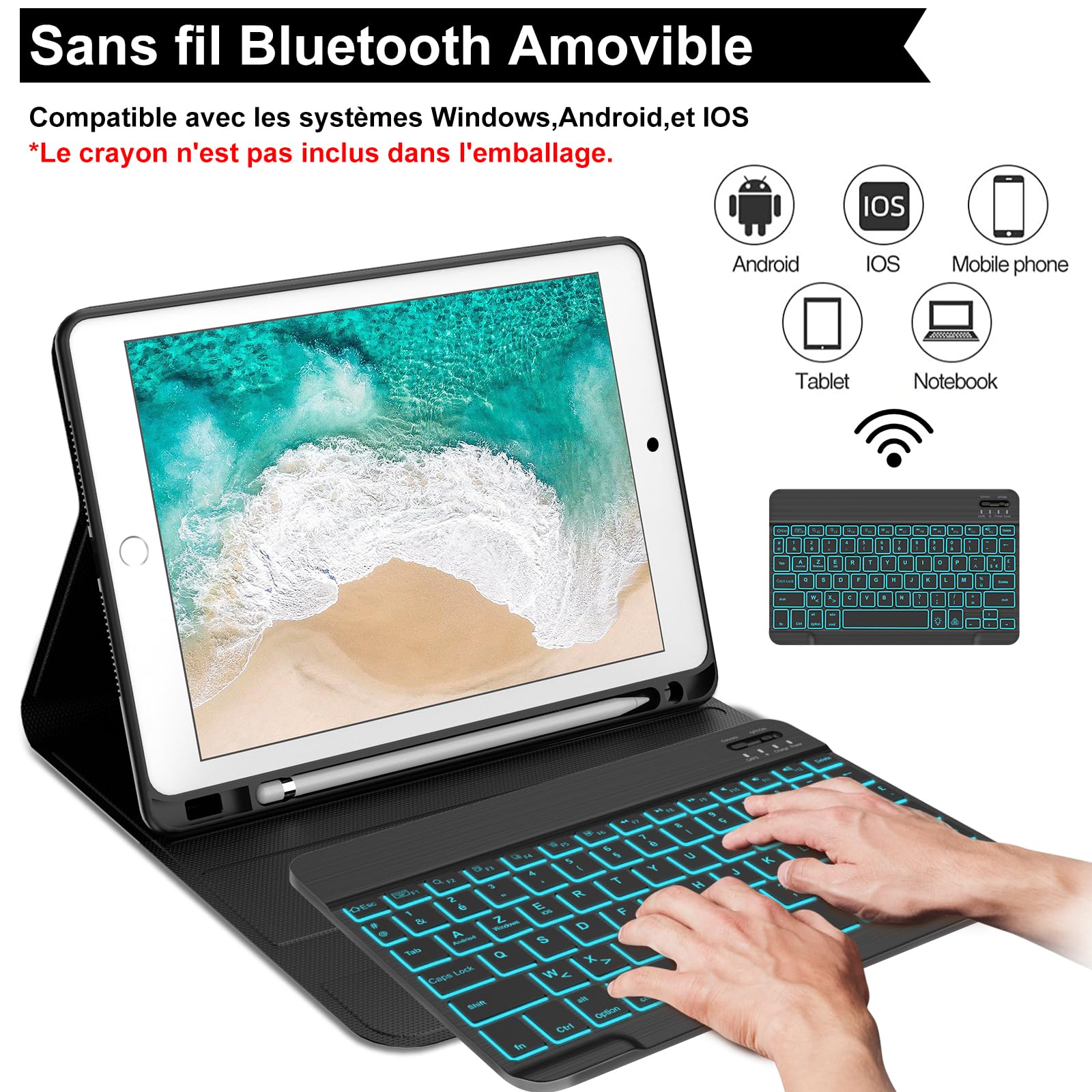 Étui de clavier anti-chute pour iPad 9e/8e/7e génération 10,2, clavier