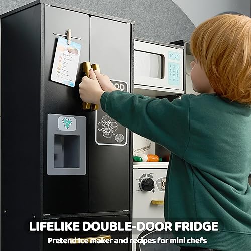 Miniatura 6 de Cocina de esquina de madera para niños pequeños, juego de simulación con juguetes de comida falsos, luces y sonidos reales, nevera de doble puerta,