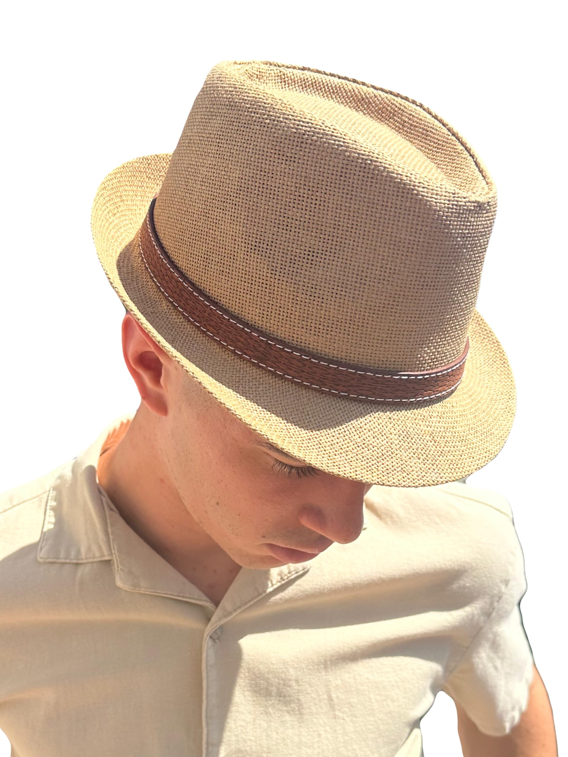 MIGURA Sombrero Hombre De Paja Protección Solar Panama Pamela Playa Verano Esparto Gorra para Sol Visera Enrollable con Tira Ajustable Marrón Blanco