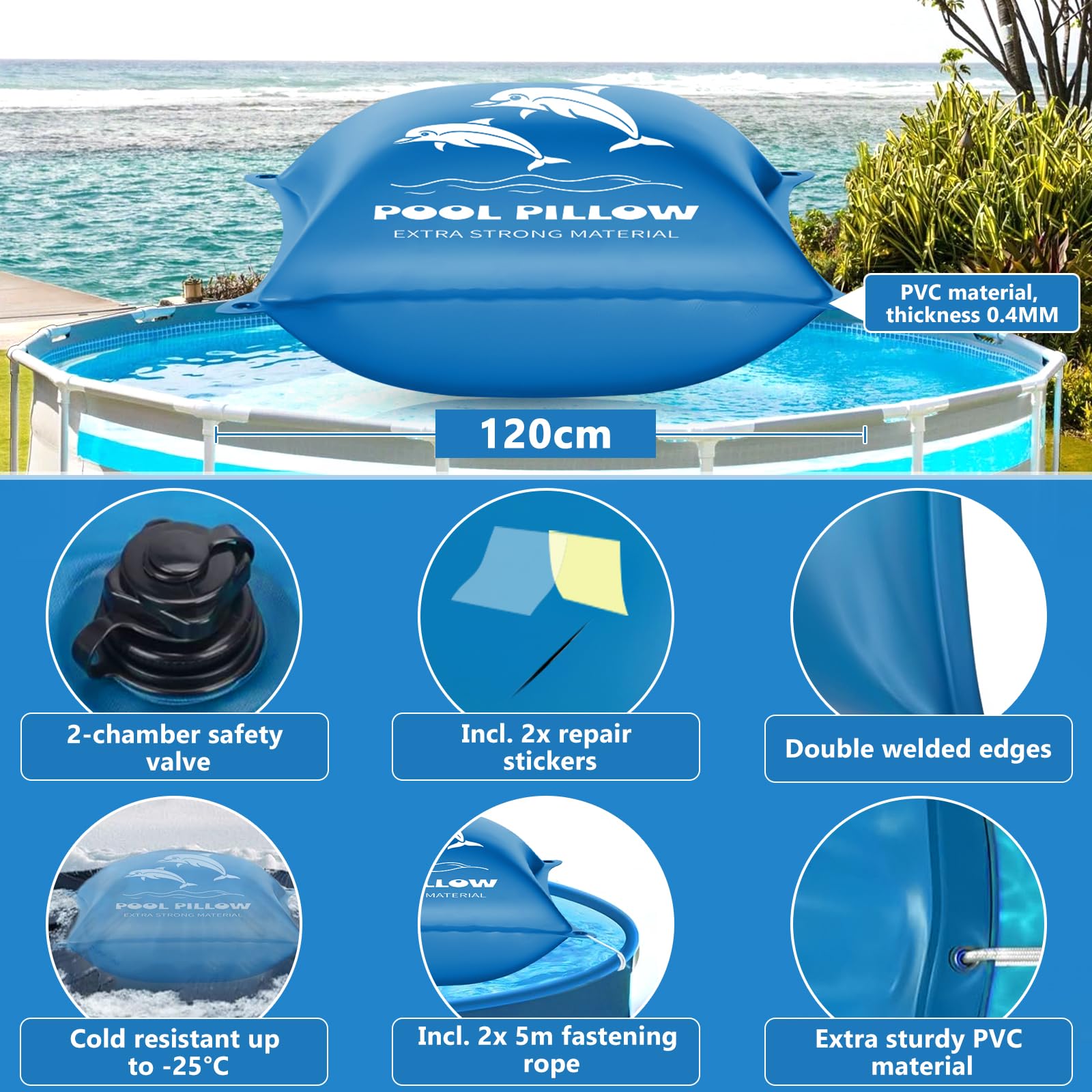 Coussin de Piscine pour l'hiver, XXL 120 x 120 cm Coussin d'air de Piscine, Flotteur Hivernage Piscine, Coussin Piscine Hivernage avec Valve de Sécurité avec Kit de Réparation,Double Couture