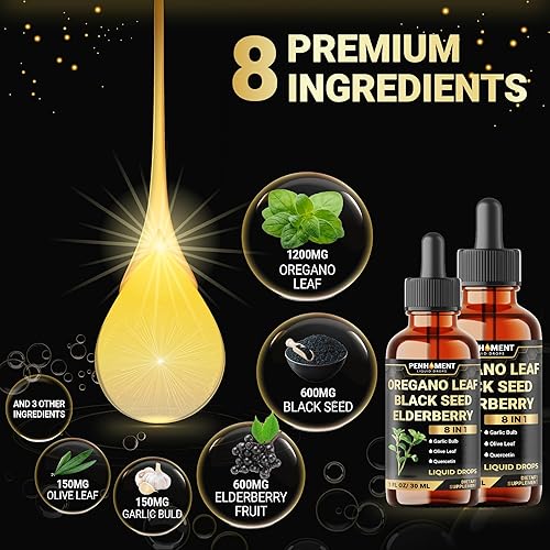 Miniatura 3 de Gotas líquidas de aceite de orégano 8 en 1 con aceite de semilla negra, ajo, saúco, hoja de olivo, quercetina, bromelina y pimienta negra, 2