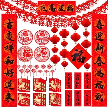 Chinese New Year Decoration 2026 Lunar Happy Horse, 66 Pcs Ornaments Set Red Envelopes Hongbao Paper Red Lantern Couplets Banner Lucky Hanging Ornaments Fu Spring Festival Gift Vietnamese Decoration