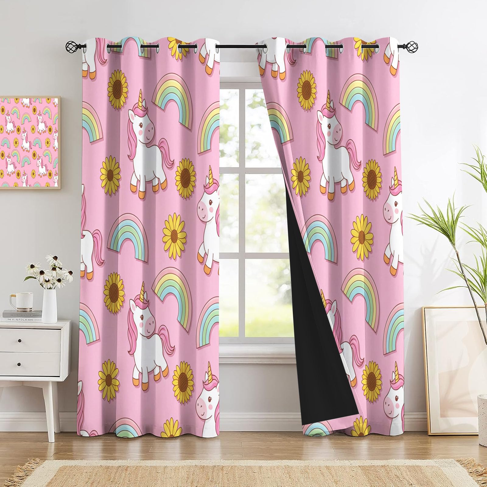 Rideaux Occultants Salon, Arc-en-Ciel Mignon Licorne Enfants Panneaux De Rideaux Intérieurs, Draperies Rose, Animaux Intéressants Fleurs Chambre Décoration Confidentialité Tentures 110X215 Cm X2