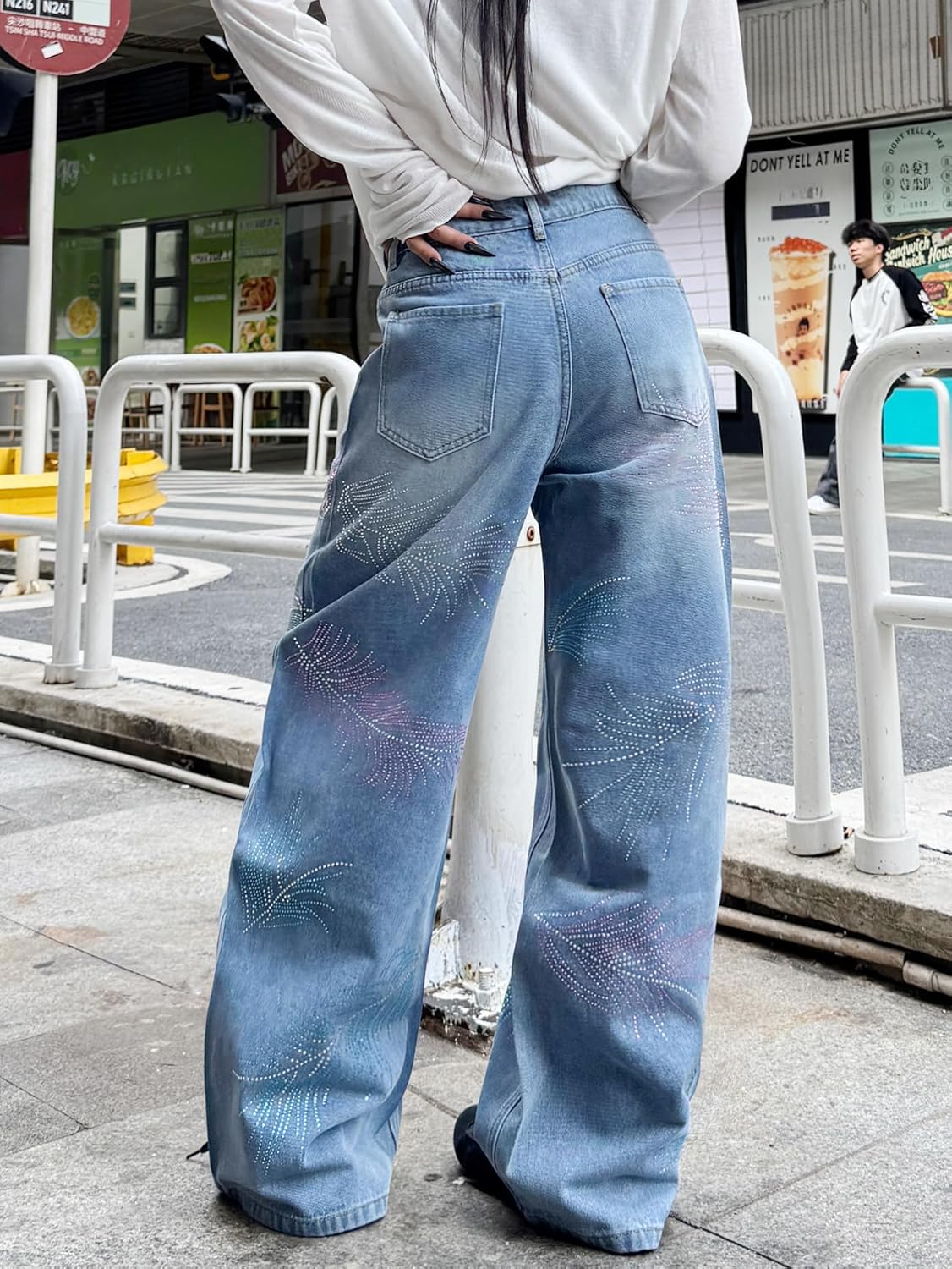 Womens Baggy Rhinestone Jeans Y2K Wide Leg Sparkly Bling Glitter Casual Denim Pants Trousers - Image 5