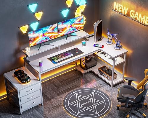 Miniatura 7 de Escritorio para computadora en forma de L con tomas de corriente y 3 cajones de tela, escritorio de oficina reversible con estantes y soporte para