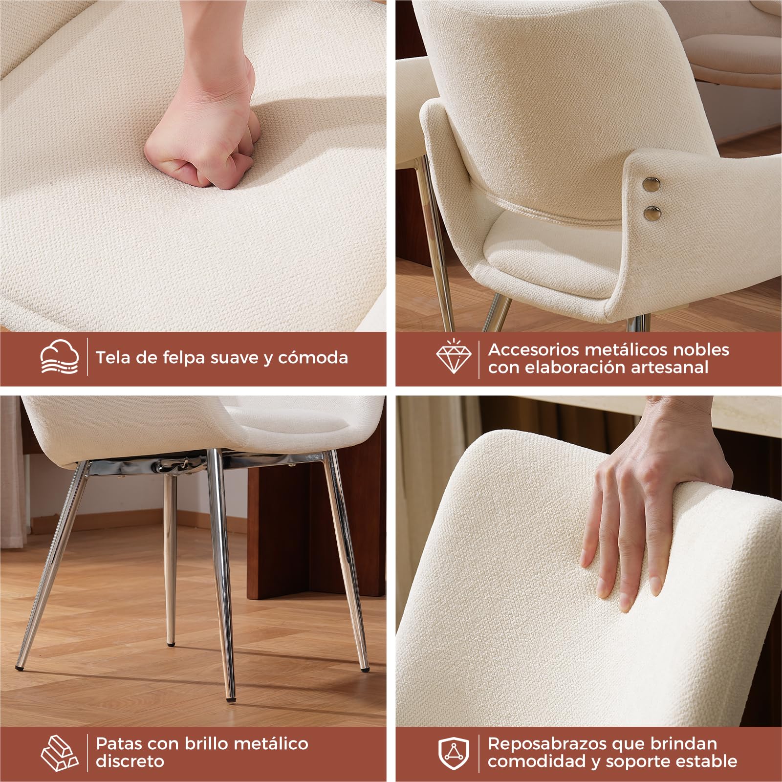 ELUCHANG 4 Sillas de Comedor, Chenilla​ Blanco Hueso, con Respaldo y Reposabrazos,Patas metálicas, para Comedor, Tocador, Cocina, Estables 150 kg
