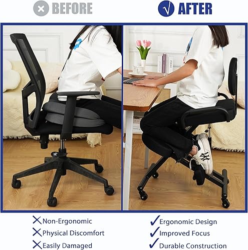 Miniatura 3 de Silla ergonómica de rodillas con soporte de espalda y pedales de pie, taburete de postura ajustable para aliviar el dolor de espalda, silla rodante