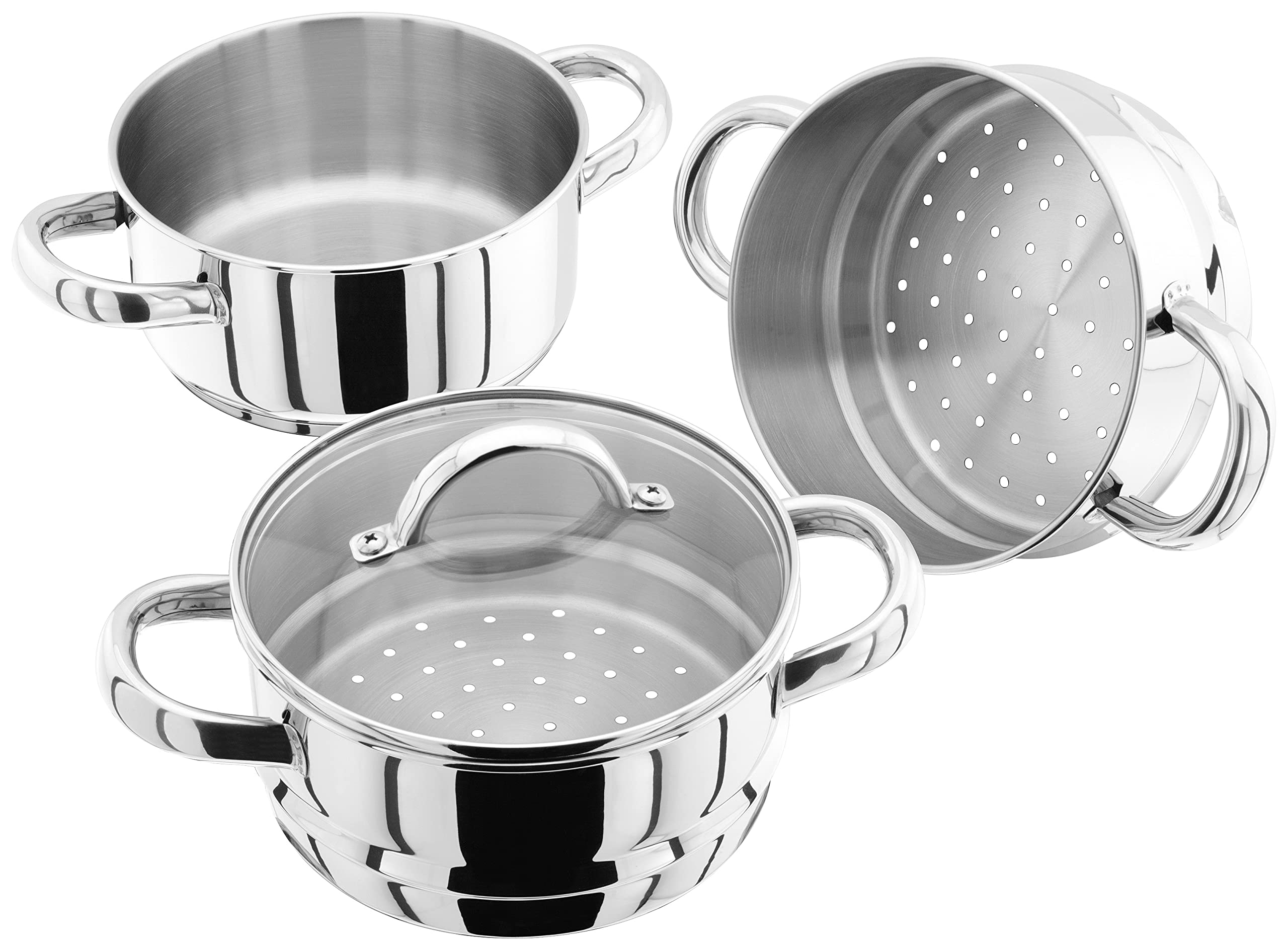 Judge Ensemble cuiseur Vapeur à 3 étages en Acier Inoxydable avec cocotte de 16 cm 600 ML, 2 cuiseurs Vapeur et Couvercle, Compatible Induction, Coffret Cadeau
