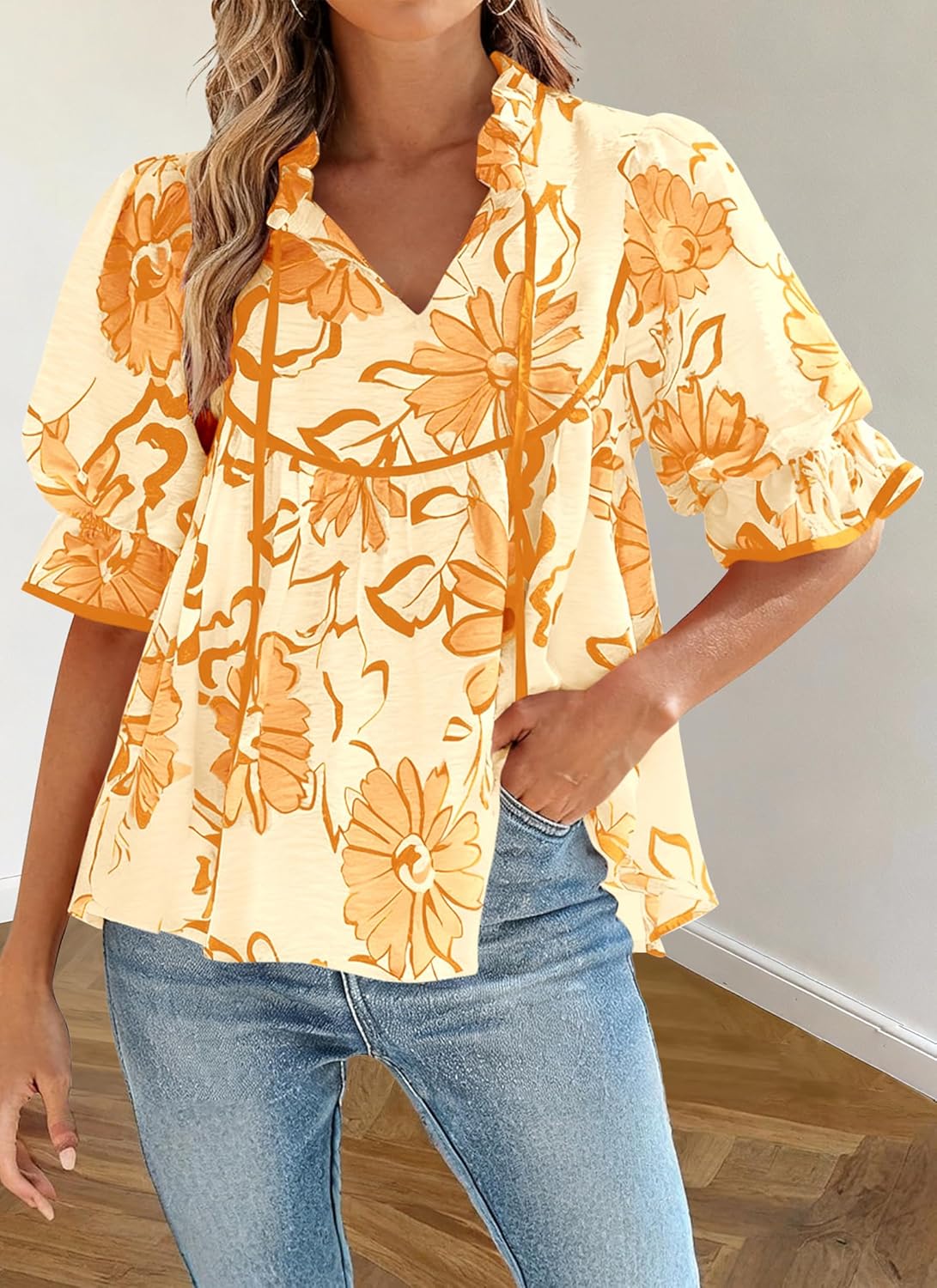 PRETTYGARDEN Womens Summer Tops 2026 Cute Puff Sleeve Ruffle V Neck Babydoll T-Shirts Boho Floral Spring Peplum Shirts