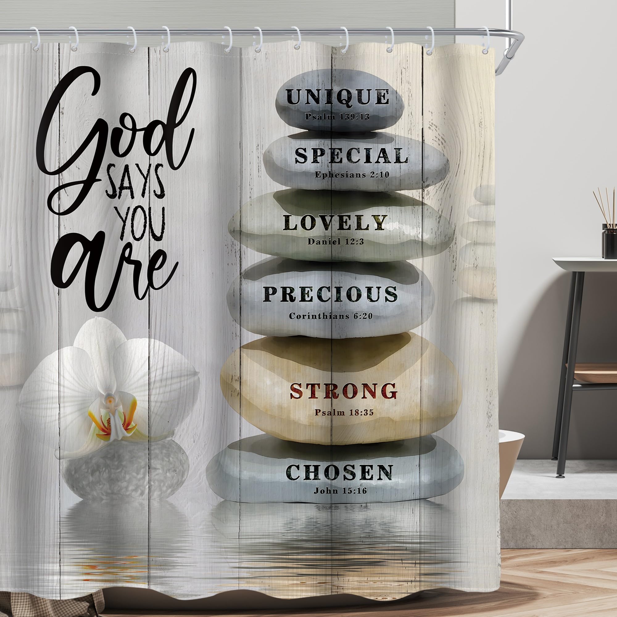 AMBZEK Zen Bible Verse Shower Curtain 72Wx72L Inch Scripture Spa Stone Massage Christian Meditation Relaxing Asian Lotus Artwork Cloth Fabric