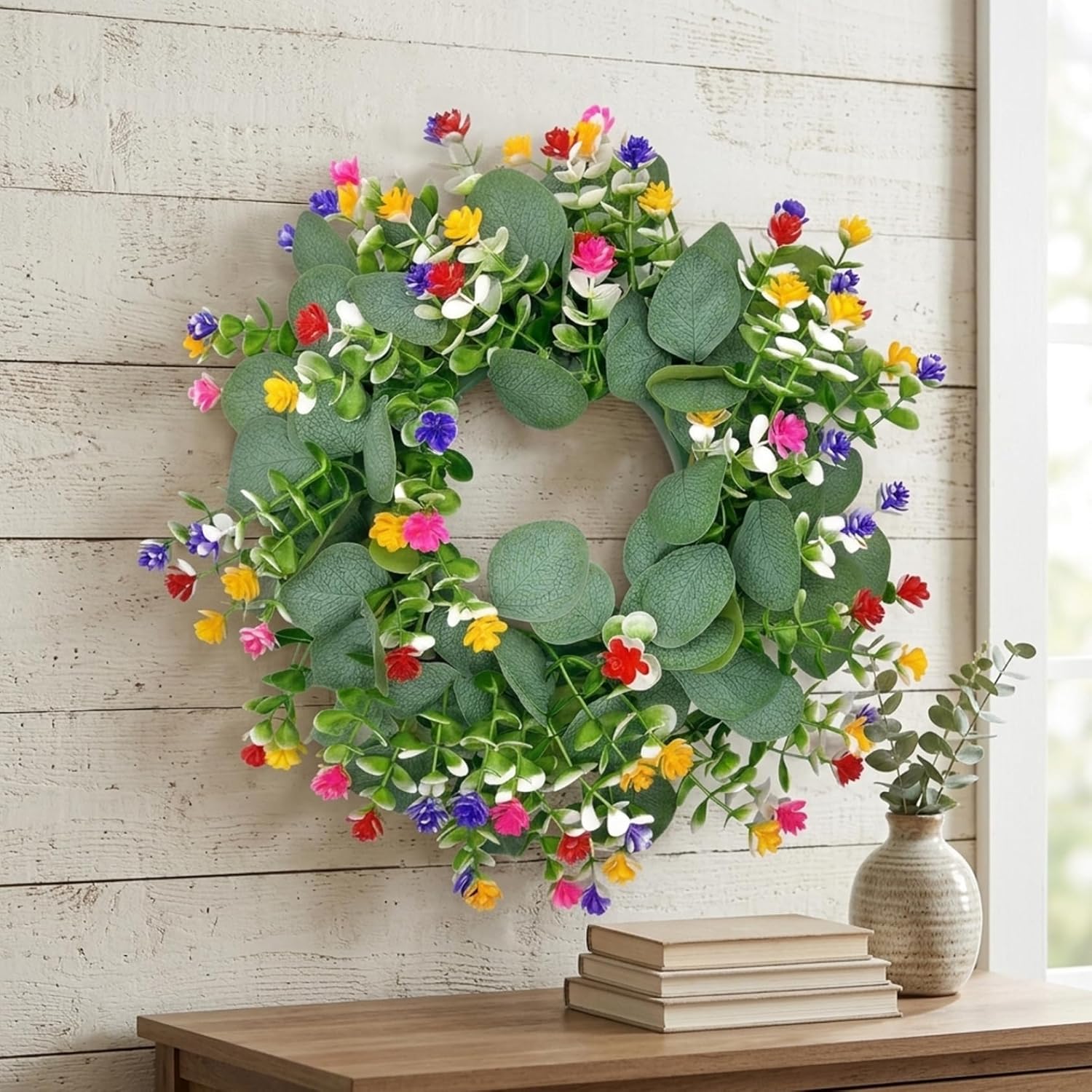 Spring Candle Rings, Decorative Wreath with Colorful Flowers and Eucalyptus Leaves, 14 Inch Floral Candle Wreath for Table Centerpiece and Home Decor.