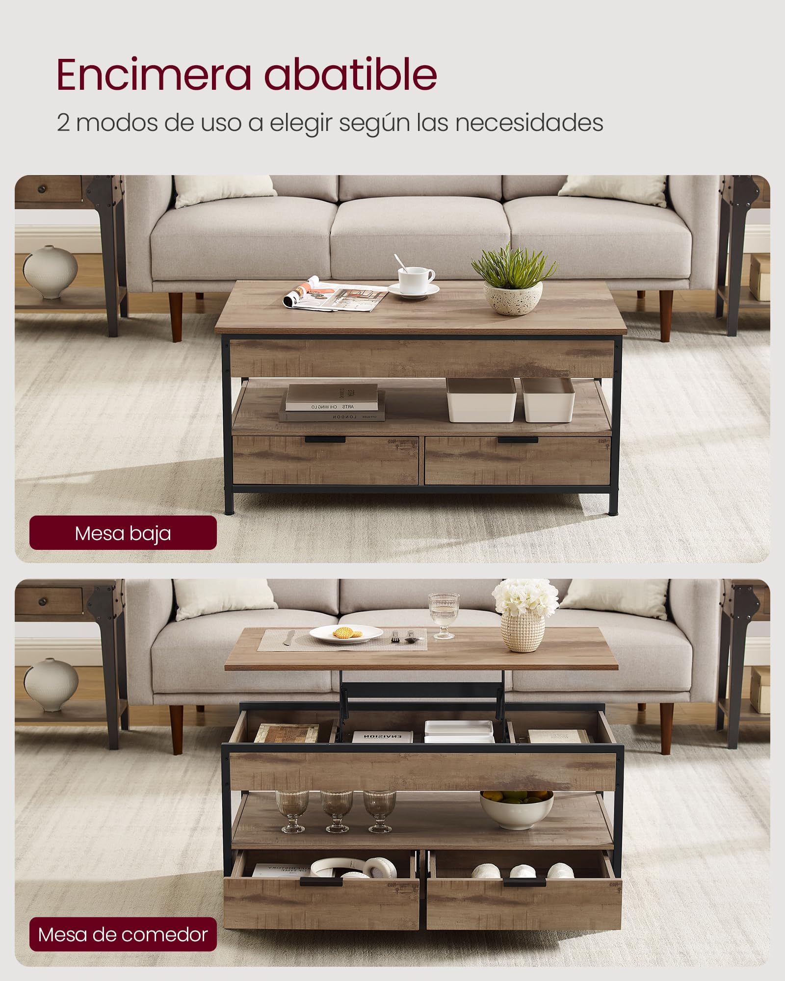 VASAGLE Mesa de Centro Elevable, Mesa de Salón, con Cajones de Almacenamiento, Compartimentos Ocultos y Estante Abierto, 50 x 100 cm, Marrón Camello y Negro Tinta LCT209K02