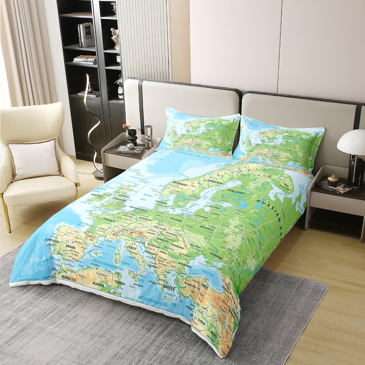 100% Natürliche Baumwolle Weltkarte Tröster Abdeckung 200x200,Blauer Ozean Bettwäsche Set für Kinder,Karte von Verschiedenen Ländern Bettbezug Abstrakte Kunst Quilt Cover Atmungsaktive Zimmer Dekor