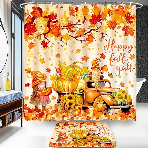 Miniatura 2 de Lutto Juego de cortinas de ducha de otoño con alfombras, juego de baño de otoño, cortinas de ducha de calabaza de Acción de Gracias para decoración