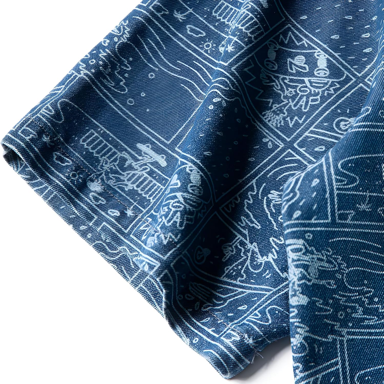 [Luvian] メンズ ワークシャツ 【レトロ シャツ】 水洗い デニム 半袖 カートゥーン プリント ルーズフィット 夏のカジュ