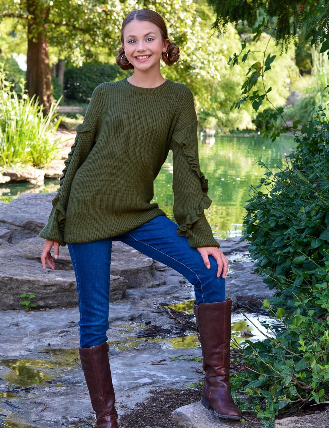 Arshiner Girls Long Lantern Sleeve Sweaters Crew Neck Knit Pullover Jumper Top - Image 8