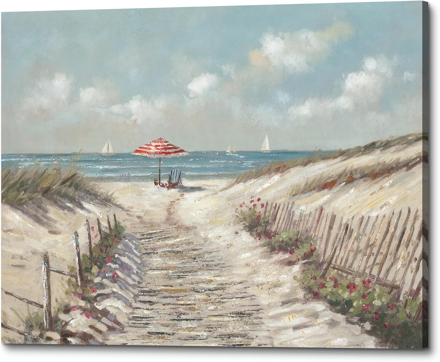Beach Path Canvas Wall Art, Coastal Seascape Painting with Umbrella, 24 x 16 inches, Bathroom and Living Room Decor 24L" x 16W" Beach Path