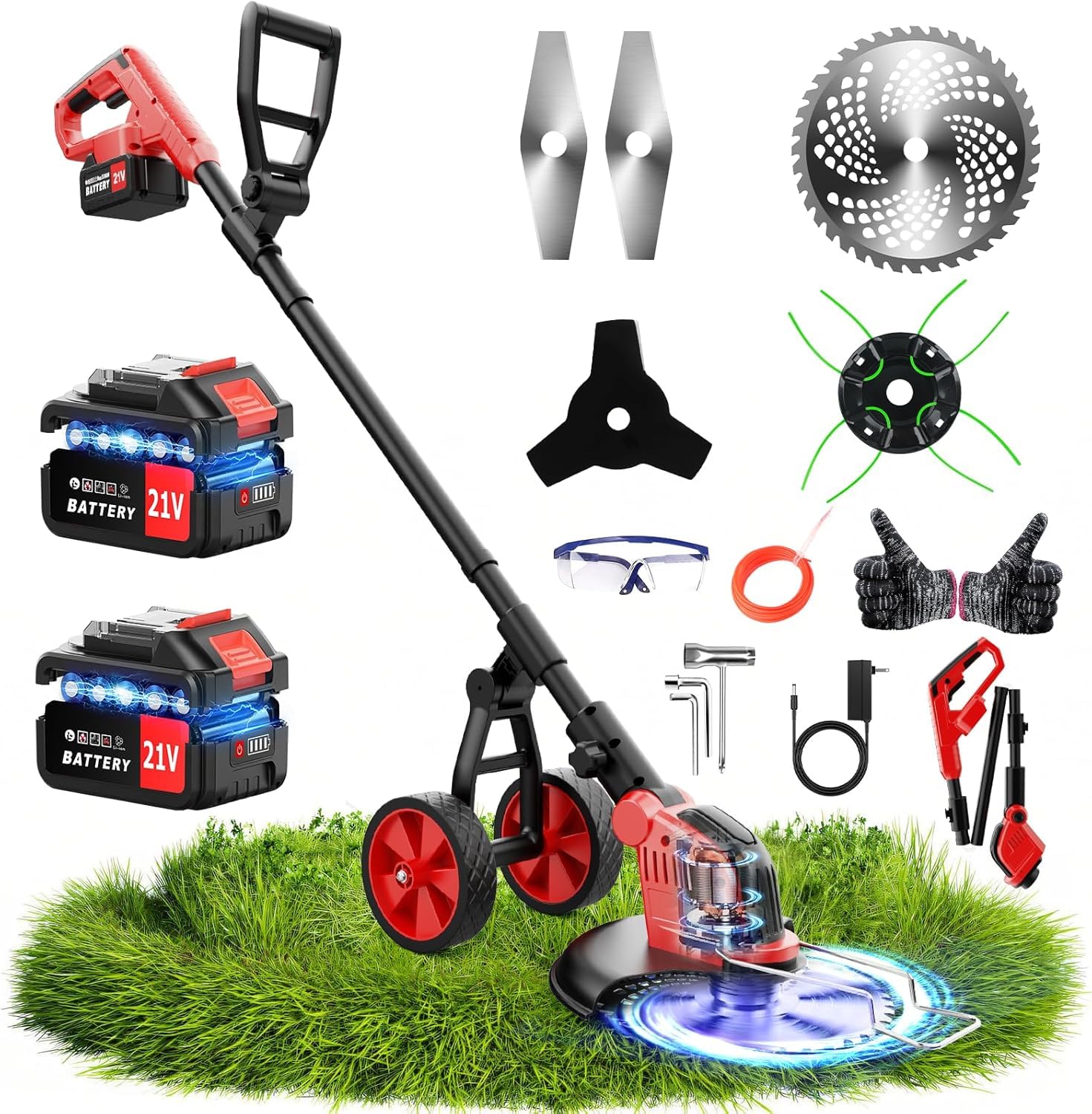 20000 RPM Electric Weed Wacker with Wheel,12″ Brushless Cordless Weed Eater Battery Powered, 4-in-1 Brush Cutter/String Trimmer/Grass Trimmer/Lawn Mower,Edger Stringless Weed Trimmer,5 Blade,2 Battery