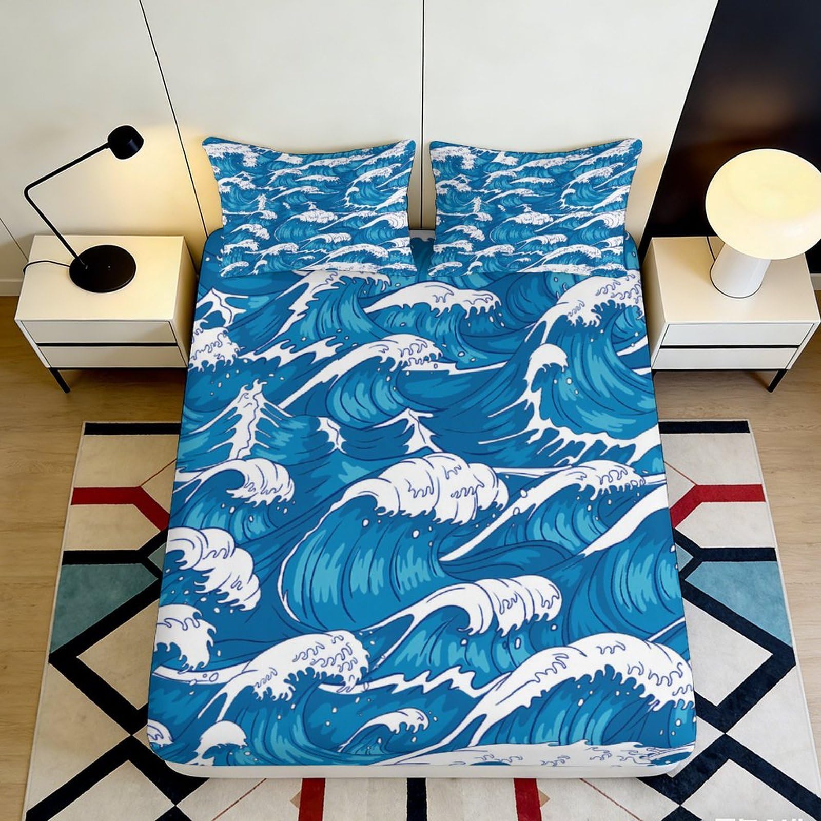 Uxinyoume Style-9 3D Printed Ocean Wave Fitted Sheet Microfiber Soft Blue Sea Surf Bed Cover For Bedroom Guest Room Decor Easy Care 90X200x25cm