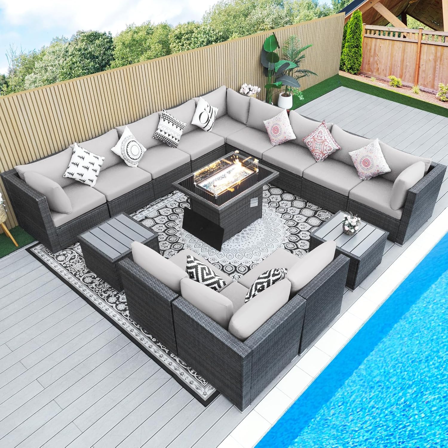BULEXYARD 15 Pieces High Back Large Patio Sets with Fire Pit Table, Extra Large Deep Wide Seat Outdoor Sectional Sofa Couch Modular, Sturdy Backyard Sitting Furniture, Grey Wicker & Light Grey Cushion