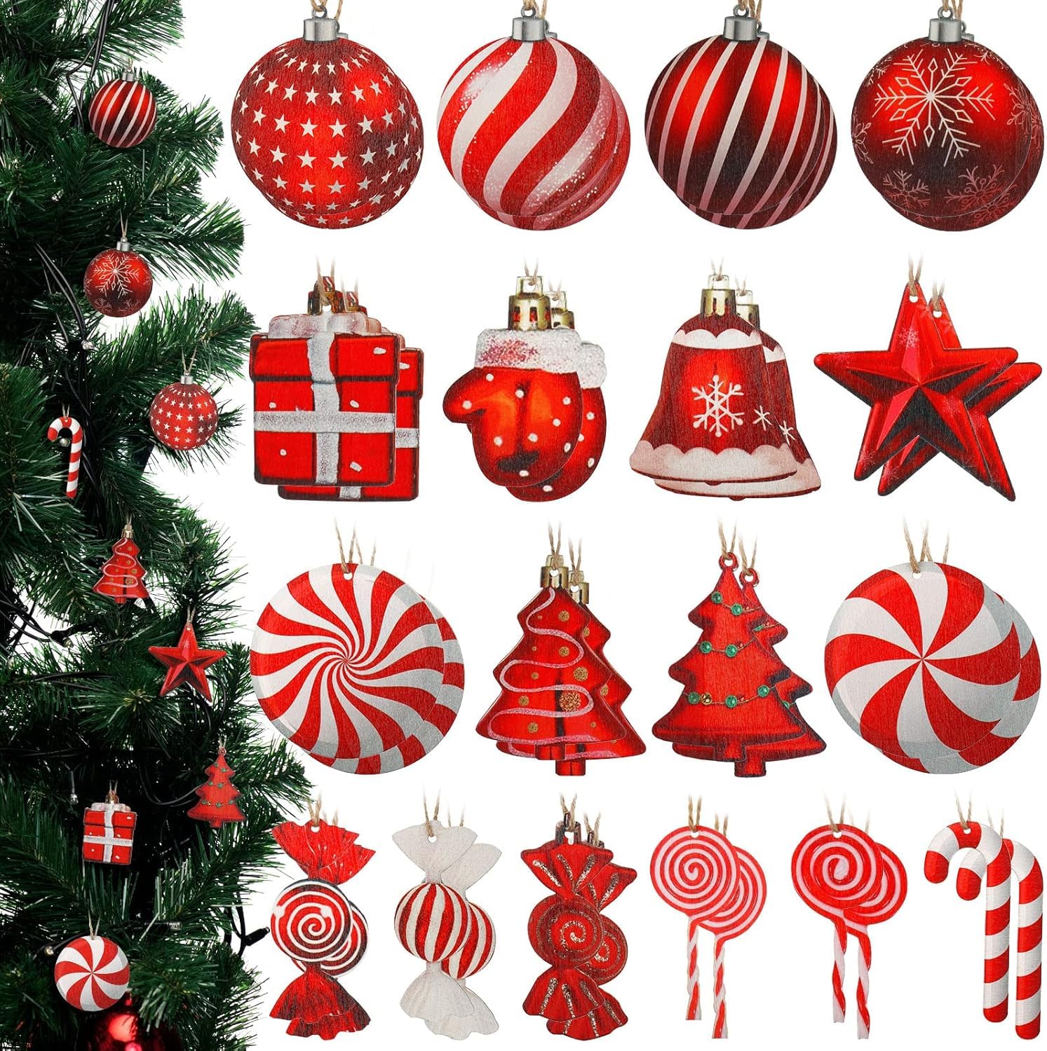 Goodern 36 PCS Christmas Candy Wooden Hanging Ornaments,Christmas Tree Candy Cane Ornaments Xmas Wooden Hanging,Peppermint Candy Swirl Ornaments Lollipop Candy Cane for Christmas Tree Decoration