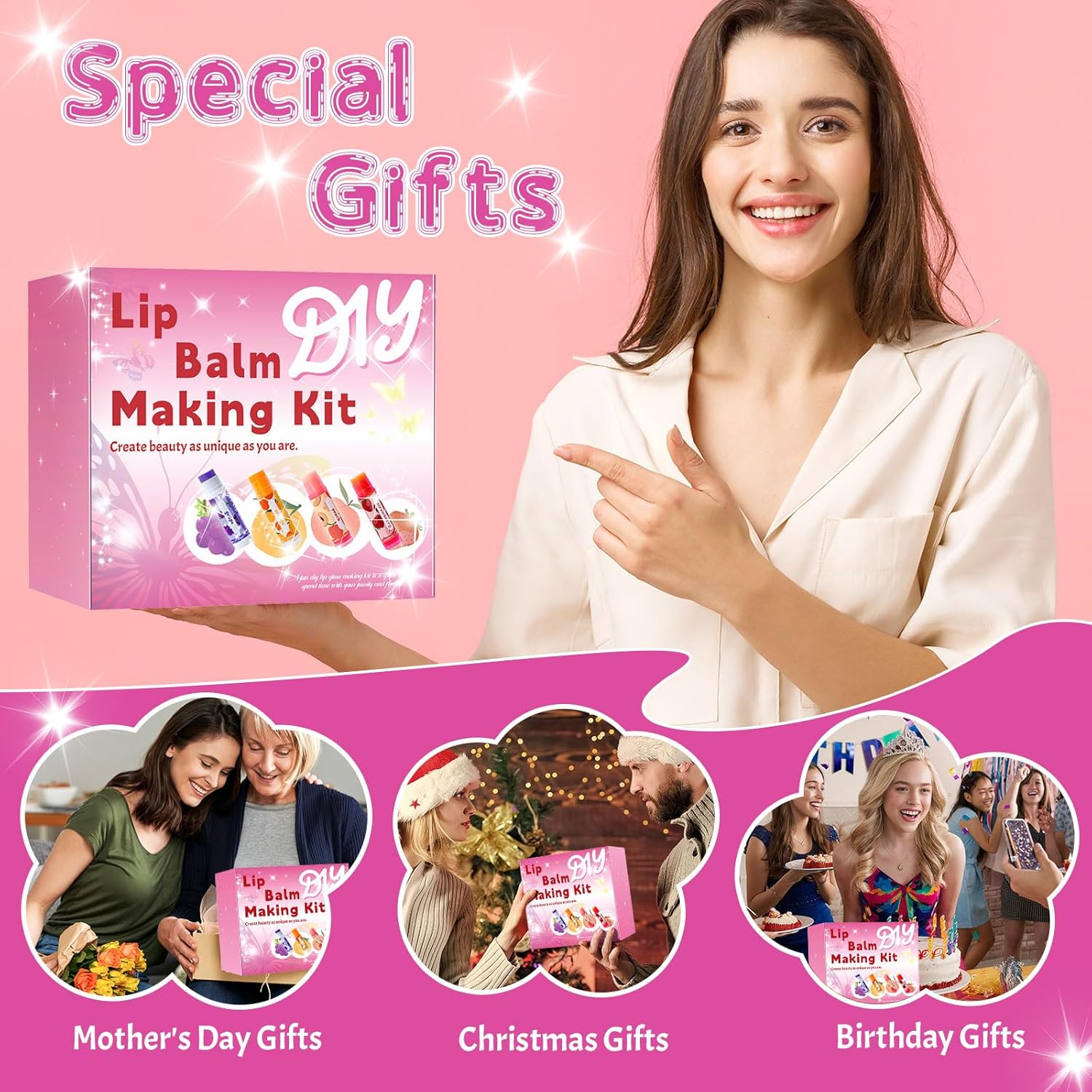 DIY Lip Balm Making Kit for Adults to Make Your Own Moisturizing Lip Balms with Natural Beeswax, Lip Base Oil, Essential Oil, Empty Lip Balm Tubes，Birthday Christmas Gift