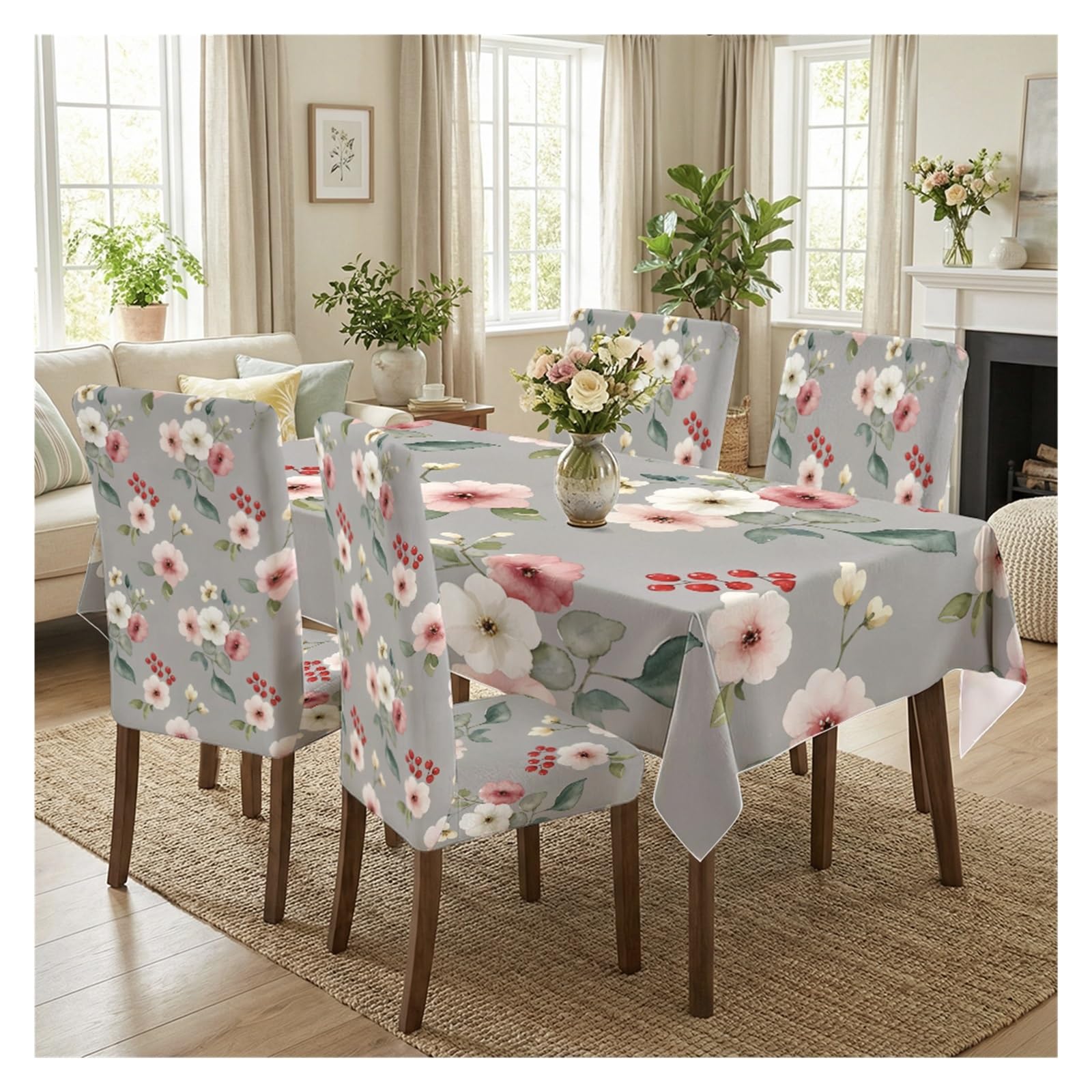 Nappe et housses de chaise fleurs blanches au design champêtre raffiné