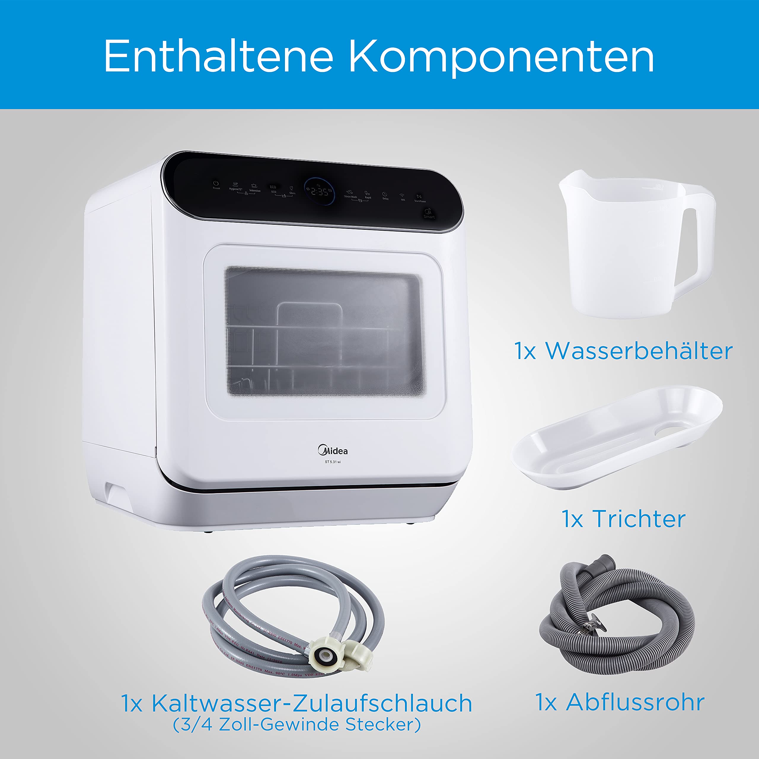 Midea Mini lave-vaisselle de table 42 cm autonome WiFi 3 couverts écran LED commande tactile Blanc