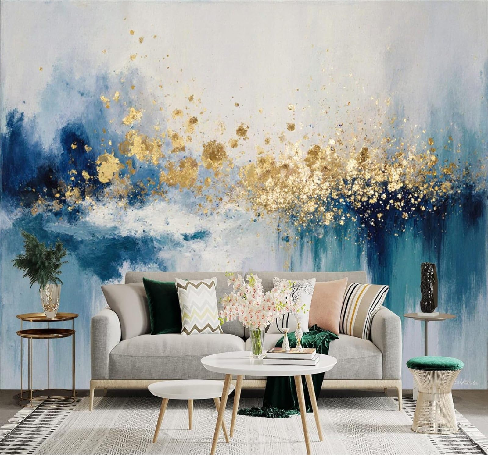 XLMING Abstract Blue Gold Art Painting 3D Wallpaper Silky Texture Home Study Office Grey Dining Room Sofa Bedroom Living Room TV Backdrop-250cm×170cm
