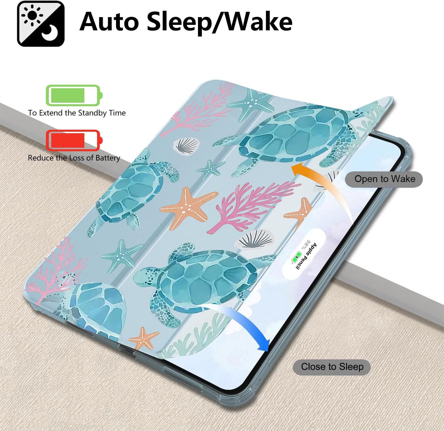 Watercolor Sea Turtle Case for 10.9 Inch Ipad Air 4 Cute Kawaii Animal Cover for Ipad Auto Sleep/Wake Silicone Adjustable Anti-Slip Shockproof Protective Case with Pencil Holder Girl Boy